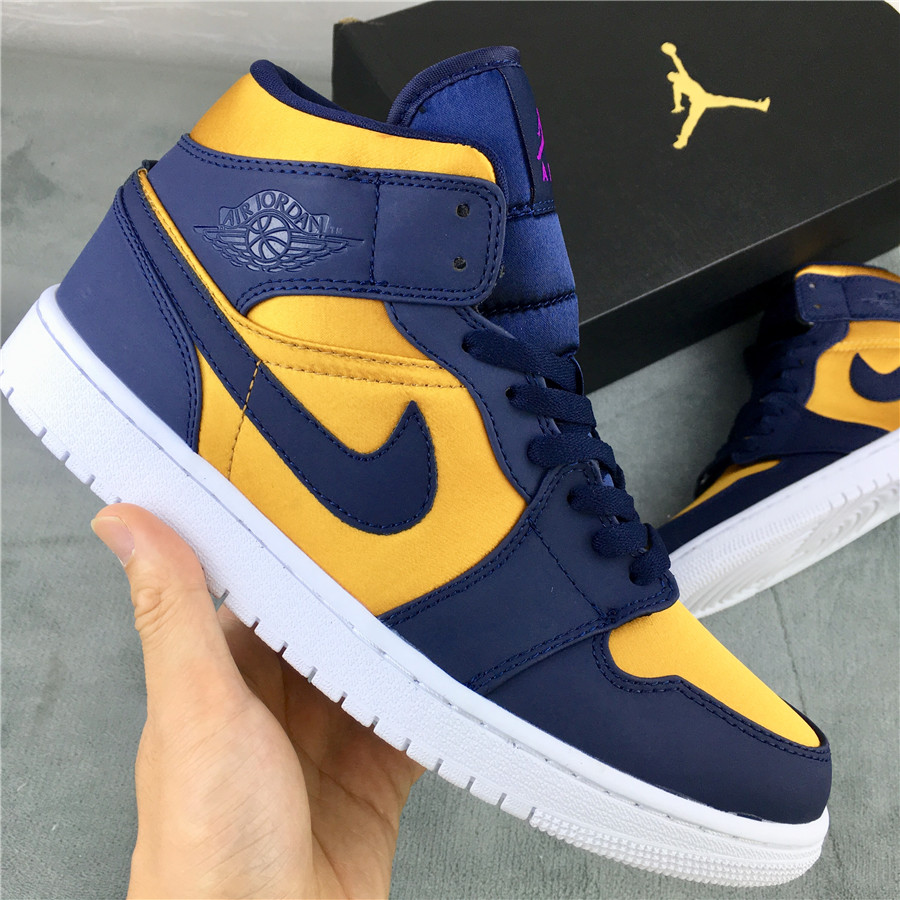 2019 Men Jordan 1 Mid Blue Yellow White Shoes